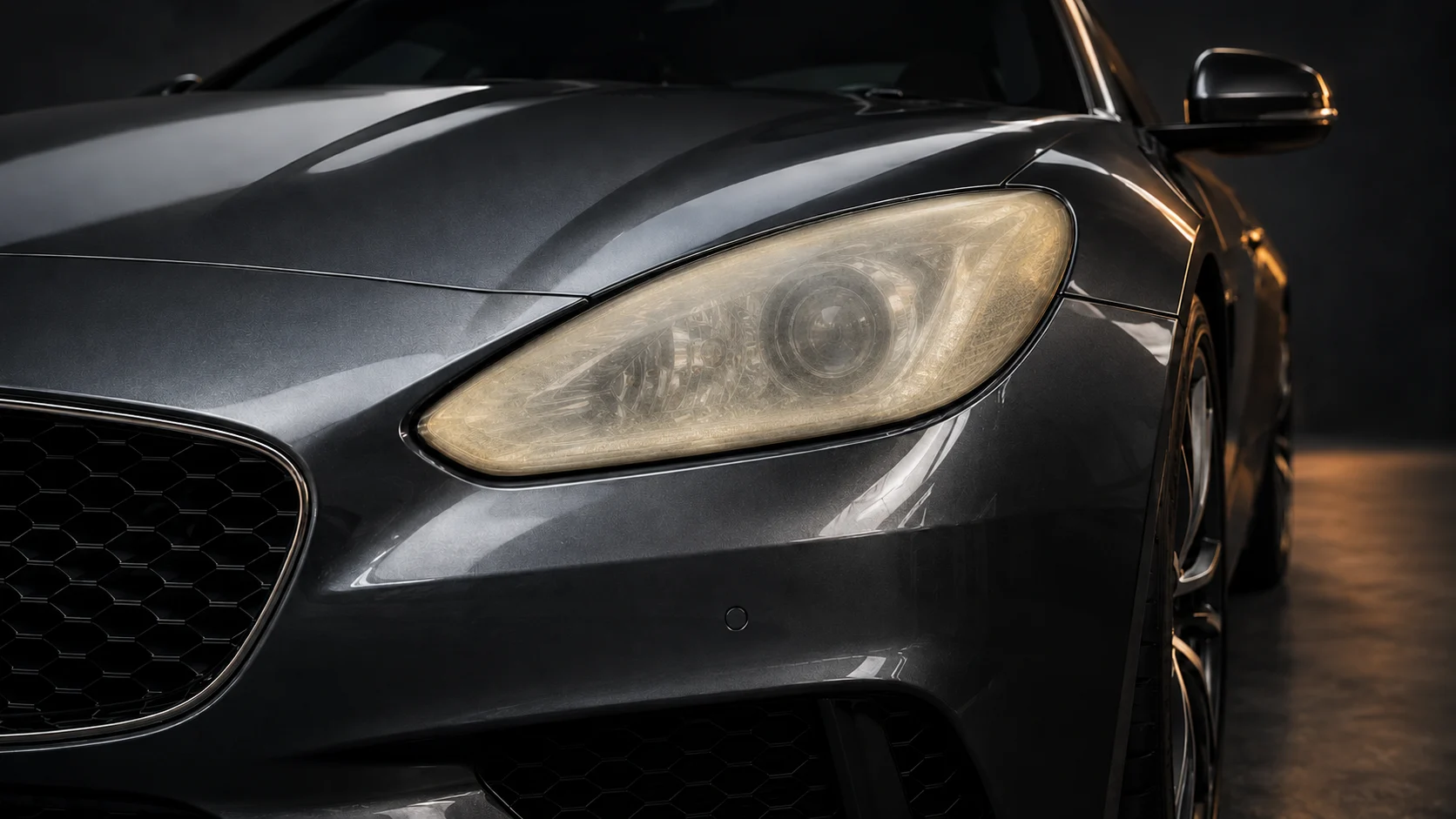 The same sports coupe headlight with oxidation — generated illustration